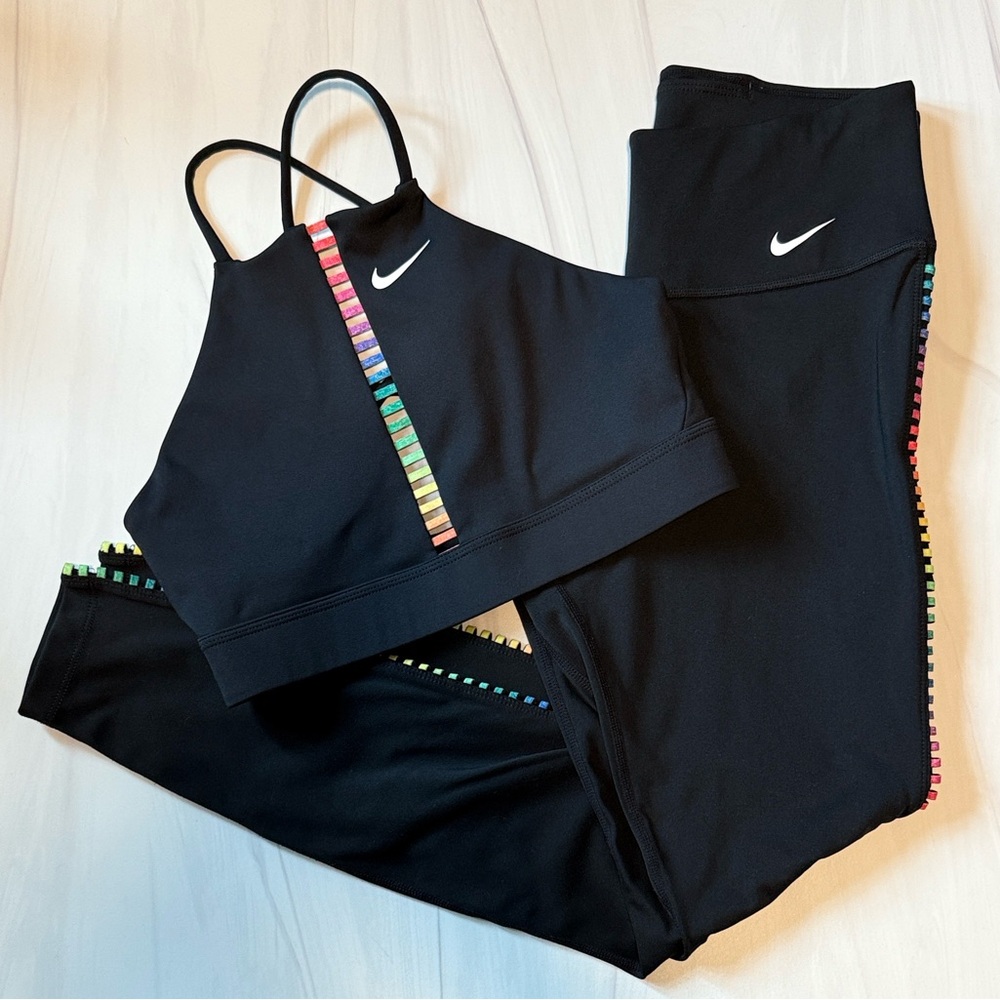 Nike Dry-FIT Black Activewear Set with Colorful Stripes/ Rainbow Ladder Detail